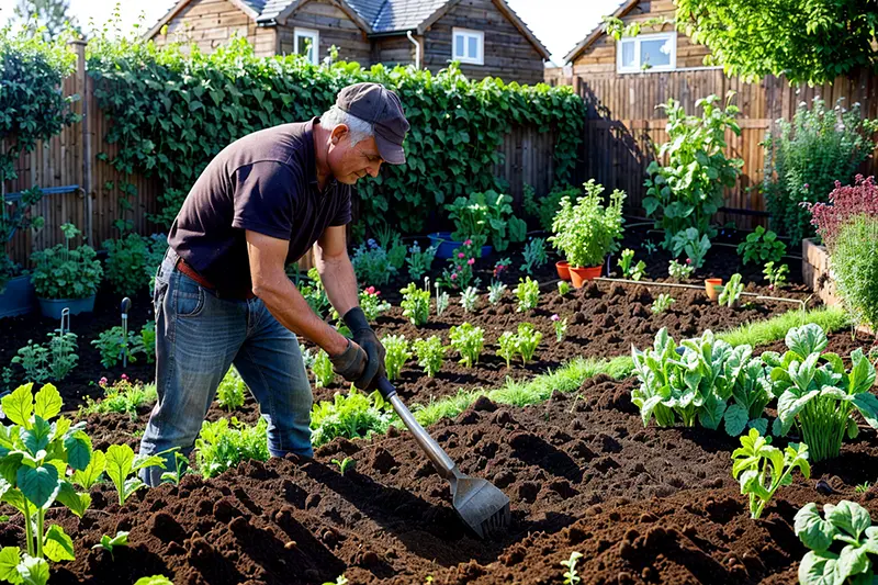Homme prépare potager avec bineuse